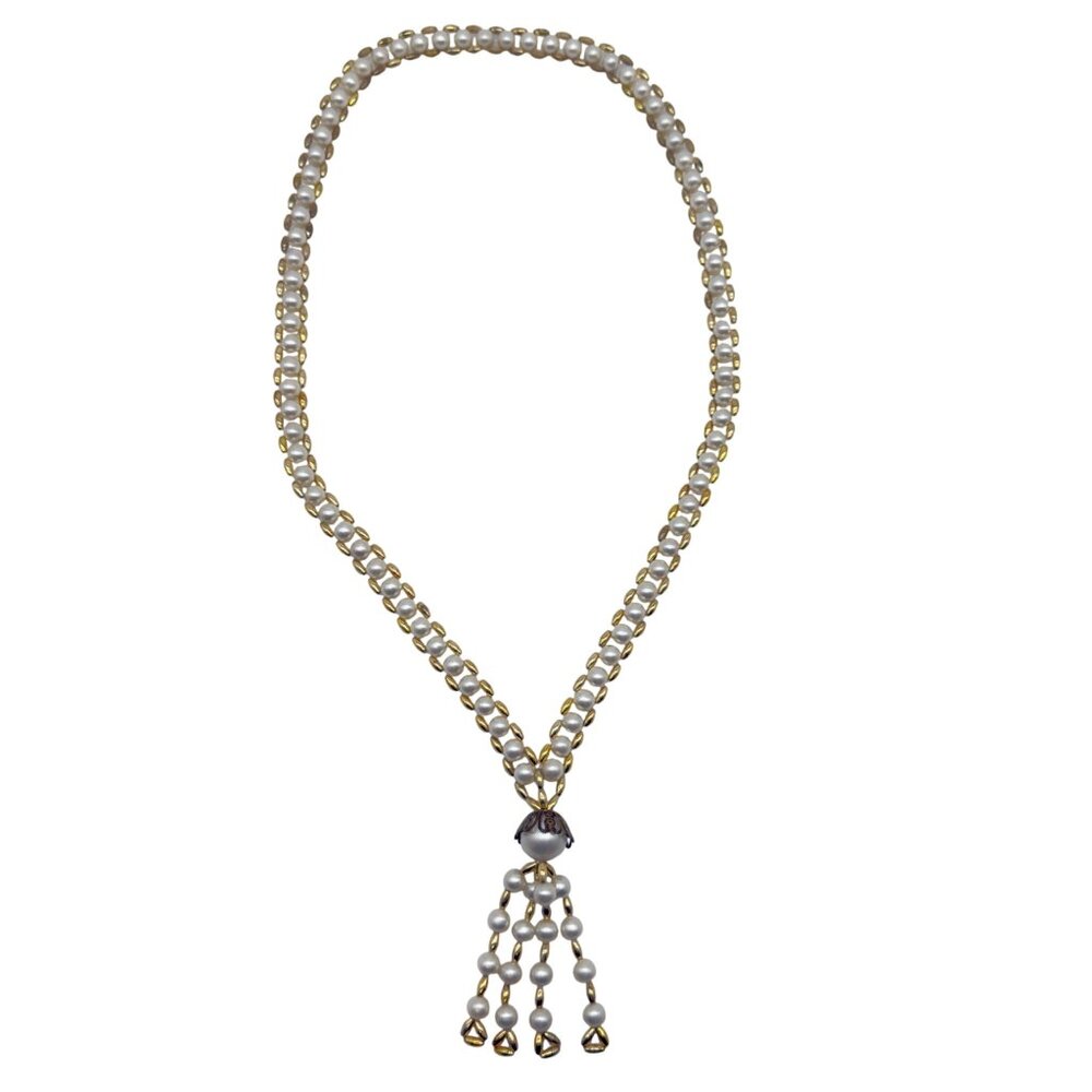 Vintage Gold & Faux Pearl Tassel Necklace With Elegant Double-Strand **READ**